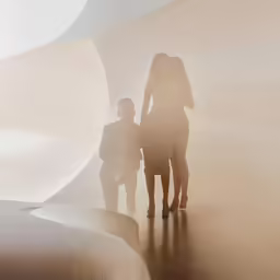 three people are standing next to each other in an open area
