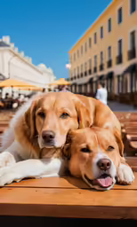 two dogs laying on a wooden table in a city