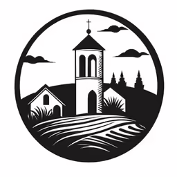 a church on a hill with trees and grass