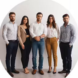 a circle with a man and five people