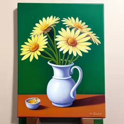 a painting of flowers and a cup on an easel