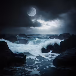 a wave crashes on the shore at night