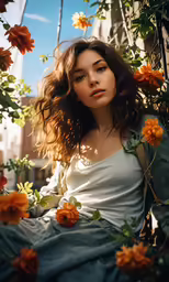 a beautiful young woman sitting in a tree with orange flowers