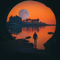 a man walking towards a moon over the ocean at sunset