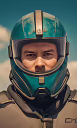 a close - up shot of a man wearing an racing helmet and protective gear