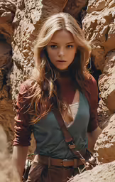a beautiful young blond woman standing by some rocks