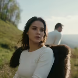 there is a woman with a fur coat and a man behind her