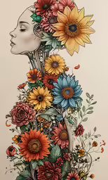 a woman with flowers around her face is shown