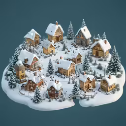 a snowy village on an island with snow