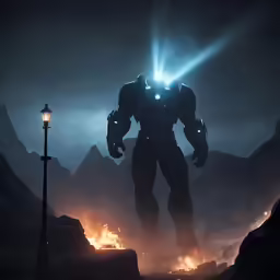 a person in armor standing in the dark in front of a light