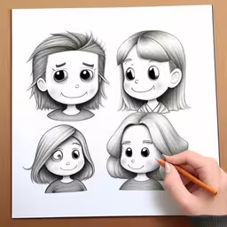 a cartoon character drawing faces with pencils on paper,drawing cartoon face in pencil with two main people
