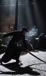 the man is getting ready to take down the stage with the sword