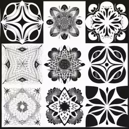 four dimensional circles of varying shapes, one in black and white, with different patterns,various types of designs with lines in black and white