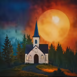 a painting of a white church in a rural setting