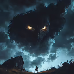 the wolf is in front of the house on the hill