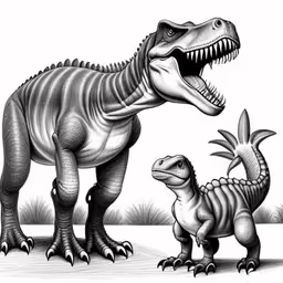 a drawing of two large dinosaurs with their mouths open,a drawing of a tyranocus and a t - rex