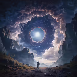 a man is looking up at the sky with a hole in it