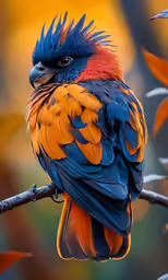 a blue, orange and yellow bird is perched on a tree branch