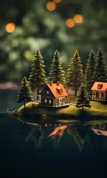 a small cottage sits alone on an island surrounded by trees