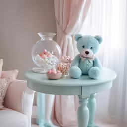 a blue teddy bear sitting on top of a table next to candy