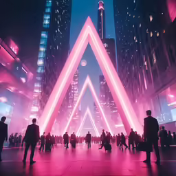 people walking through an outdoor area with bright colored lights