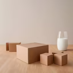 three boxes and a glass are shown on the table