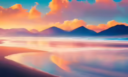the sky is shining pink and orange while clouds are reflected in the water