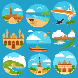 a bunch of different illustrations from different places around the world,the flat icons are colored, but i like them in many different pictures