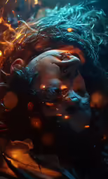 a face with an extremely long black hair and a messy beard in front of lights and smoke