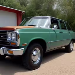 a green station wagon in the driveway of a garage,a green station wagon is parked in a driveway