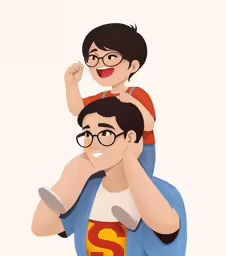 a man wearing glasses and a t - shirt holding a young child