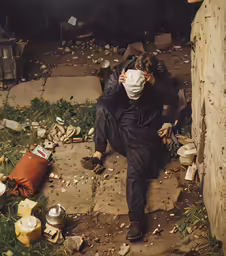 a man sitting in the middle of the street while covering his face