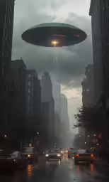 an object hovering above buildings in a city