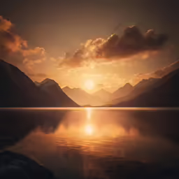 some mountains are silhouetted against a bright sunset