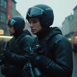 two women in black jackets and helmets on the street