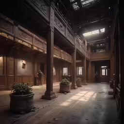 a lobby that has lots of plants in the middle