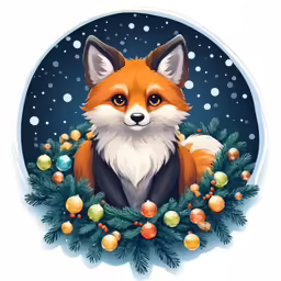 a cartoon red fox sitting in an evergreen wreath with ornaments