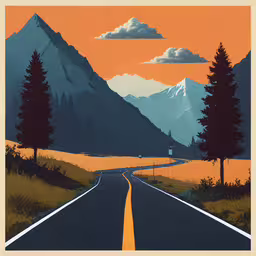 a poster depicts a scenic road leading into the mountains,a road going to the mountains with the orange sky
