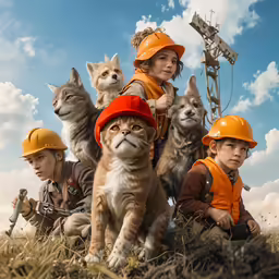 a group of people and several cats sitting on the ground