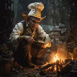 man sitting by a camp fire while cooking food
