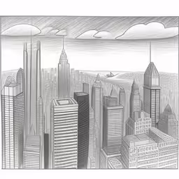 drawing cityscape drawn with pencils,the drawing shows a city with skyscrapers and clouds