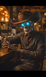 the skeleton in the cowboy hat is sitting in a restaurant