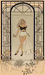 a woman in white shorts and a black top in front of an ironwork archway