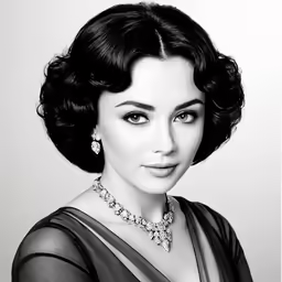 a woman with short hair and pearls posing for a picture