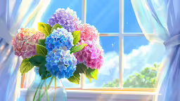 a painting of flowers is on the windowsill,a vase with some flowers inside of it