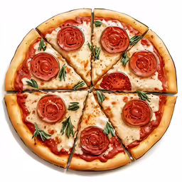 sliced pizza with toppings arranged on white surface