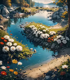 there are flowers in the water with a few rocks around it