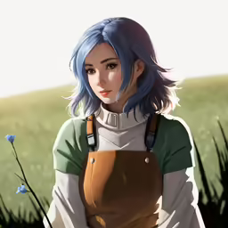 a person standing in a field with grass and blue hair