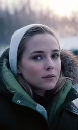 a woman looking off to the side wearing a winter jacket