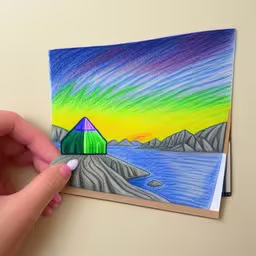 a person holds an easel over a colorful drawing of mountains